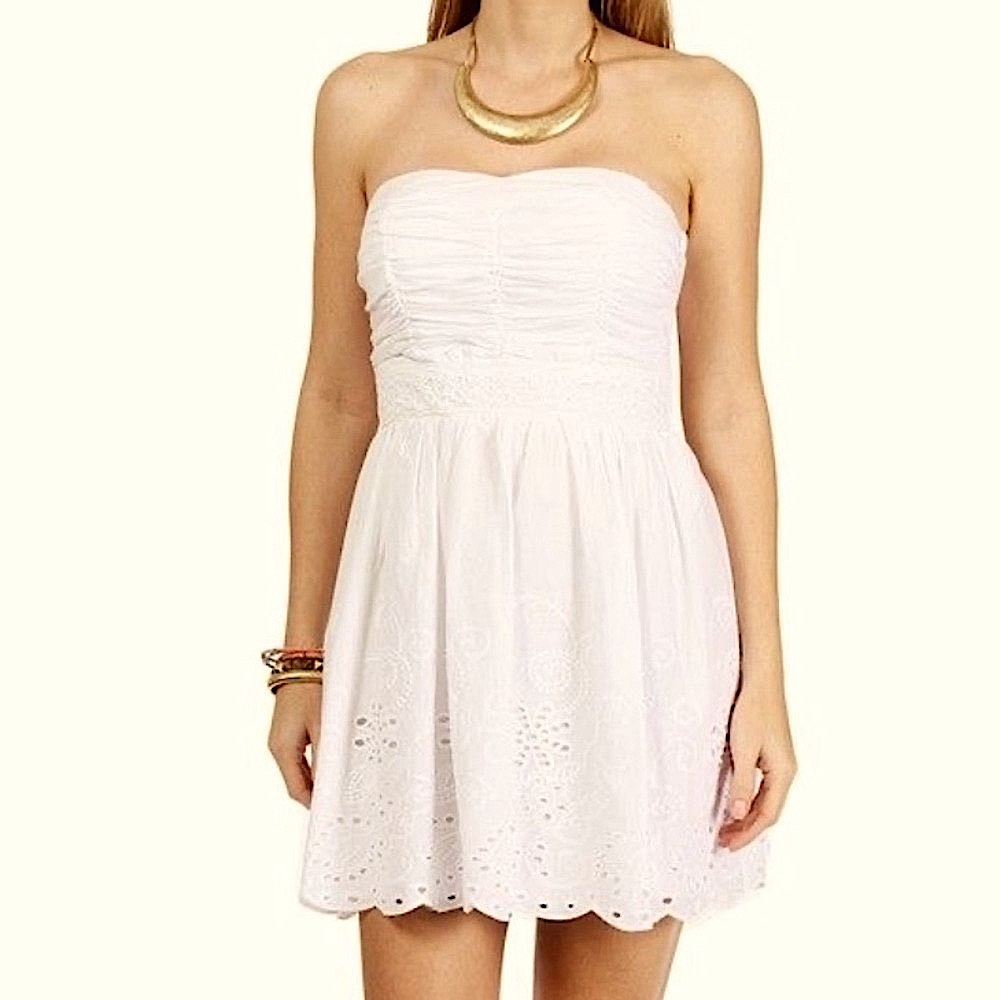Lace Embroidered Mini Dress Vintage Style Strapless Ruched Top Fitted Flare J 11